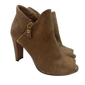 Stuart Weitzman Suede Peep Toe Booties Gold Zipper Heels Women's Shoes 7.5